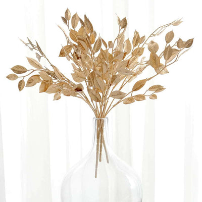 4 Pack Metallic Gold Artificial Italian Ruscus Leaf Stems 14"