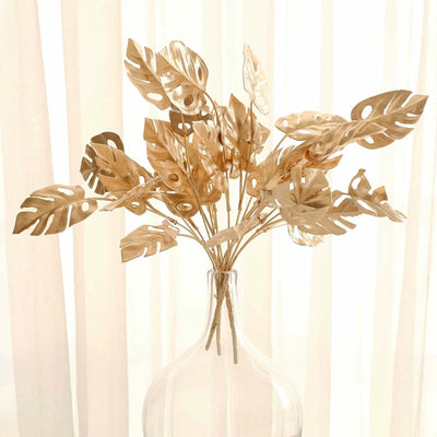 4 Pack Metallic Gold Artificial Monstera Leaf Stems 14"