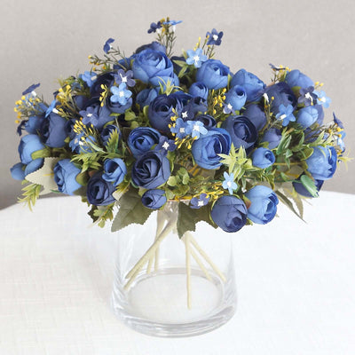 4 Pack Artificial Navy Blue Ranunculus Silk Flower Bridal Bouquets 12", Faux Buttercup Floral Arrangement