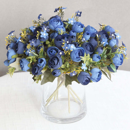 4 Pack Artificial Navy Blue Ranunculus Silk Flower Bridal Bouquets 12", Faux Buttercup Floral Arrangement