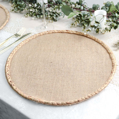 4-Pack Burlap Jute Placemats 15" Round Braided Edge Design Natural - Rustic Farmhouse Table Decor with Trim