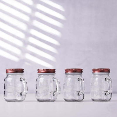 4-Pack Clear Glass Mason Jars 4oz Rustic Design with Handles and Rose Gold Screw-On Lids - Stylish Storage for Beverages & Decor