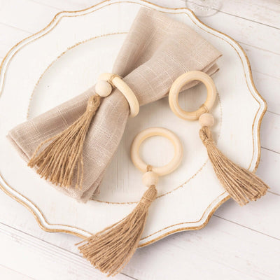 4 Pack Cream Wooden Napkin Rings with Woven Jute Beaded Tassel, Farmhouse Style Dinner Serviette Buckles