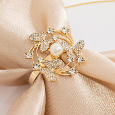 4 Pack Gold Metal Butterfly Napkin Rings with Rhinestones and Pearl Center, Elegant Table Decor for Weddings, Parties, and Special Occasions