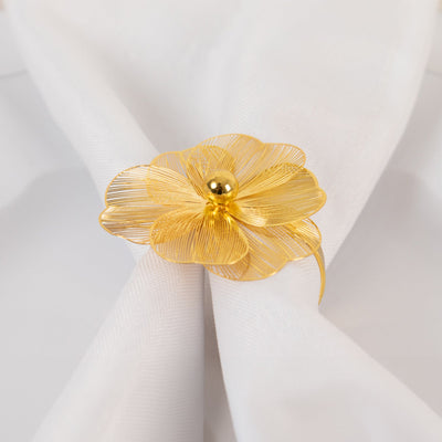 4 Pack Gold Metal Jasmine Flower Napkin Rings with Pearl Center, Decorative Floral Napkin Holder Bands - 2"