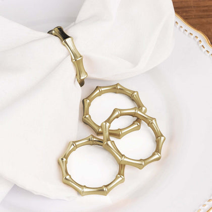 4 Pack Gold Metal Napkin Rings Bamboo Knuckle Style, Modern Serviette Holders 2"