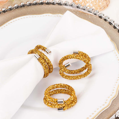 4 Pack Gold Sparkle Rhinestone Swirl Napkin Rings, Elegant Cloth Napkin Holders