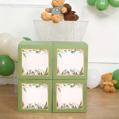 4 Pack Green Foliage Leaves Gender Neutral DIY Prop Balloon Boxes, Boho Design Baby Shower Party Decorations