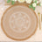 Decorative round jute placemat with intricate white pattern and fringed edges.