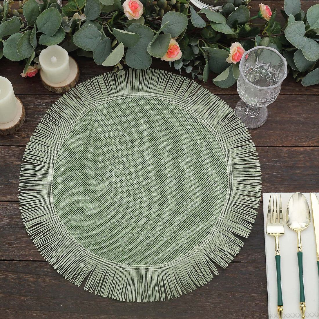 Green woven placemat with fringe detail on rustic wooden table.