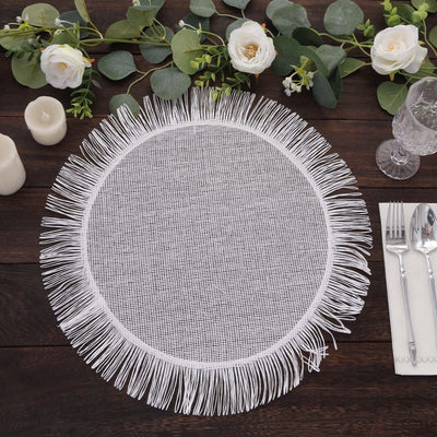 4-Pack Jute Placemats 16" Round Fringe Edge Design White - Rustic Boho Chic Burlap Dining Mats