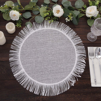 4-Pack Jute Placemats 16" Round Fringe Edge Design White - Rustic Boho Chic Burlap Dining Mats