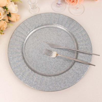 4-Pack Metal Charger Plates 13" Round Silver with Galvanized Ruffled Rim - Sleek Charger Tableware