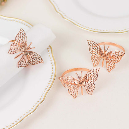 4 Pack Metallic Rose Gold Laser Cut Butterfly Napkin Rings, Decorative Cloth Napkin Holders