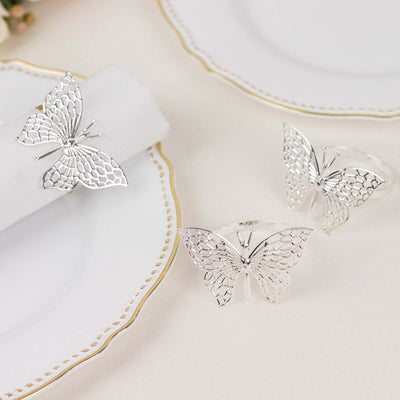 4 Pack Metallic Silver Laser Cut Butterfly Napkin Rings, Decorative Cloth Napkin Holders