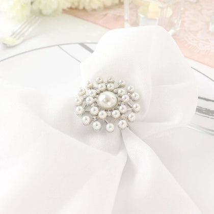 4 Pack Pearl And Diamond Rhinestone Silver Metal Napkin Rings, Decorative Napkin Buckle Holders