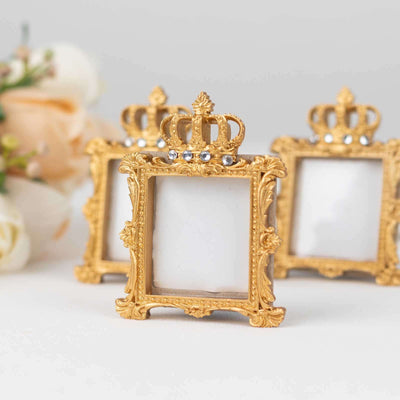4-Pack Resin Picture Frames 3.5" Royal Crown Design Square Gold - Baroque Party Favors & Wedding Place Card Holders