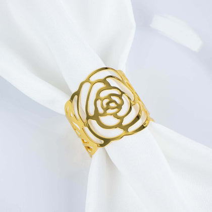 4 Pack Shiny Gold Laser Cut Rose Metal Cuff Napkin Rings, Decorative Flower Napkin Holders