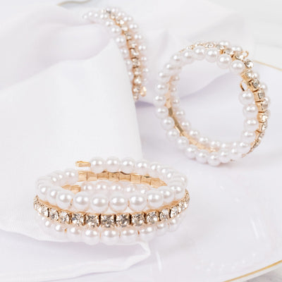 4-Pack White Pearl Rhinestone Napkin Rings, Elegant Round Napkin Holders - 2"