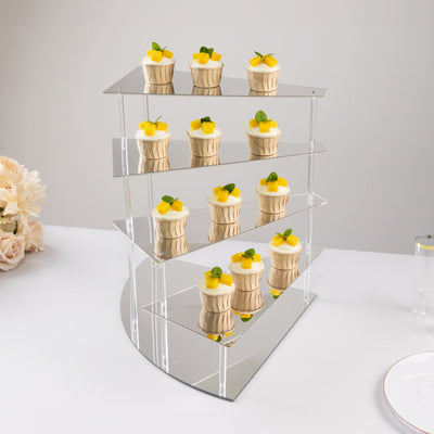 4-Tier Acrylic Cupcake Display Stand 17" Silver Spiral Stairway Design with Mirror Finish - Tiered Serving Tray Dessert Riser Perfume Organizer Shelf