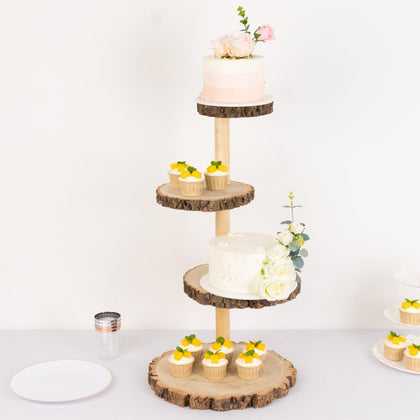 4-Tier Wooden Cupcake Tower Stand 29" Rustic Natural Wood Slice Design - Farmhouse Style Dessert Display
