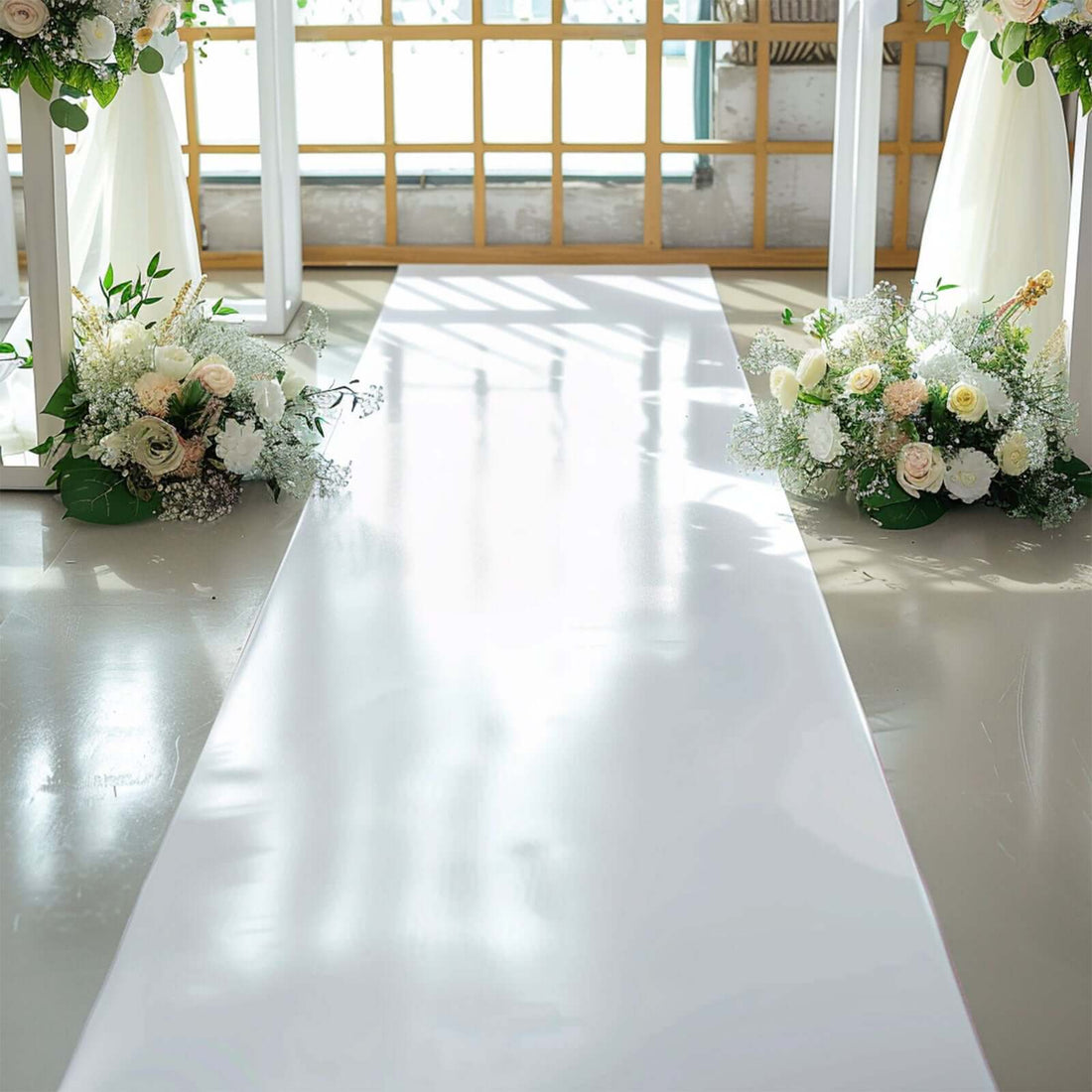 White aisle runner with floral arrangements on either side in a bright venue.