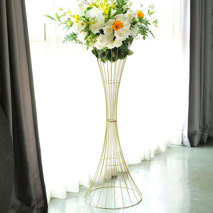 Gold Metal Wire Trumpet Shaped Flower Centerpiece Stand, Hourglass Open Frame Reversible Pedestal Prop 48" Tall