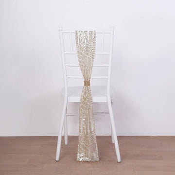 5 Pack Champagne Geometric Diamond Glitz Sequin Chair Sashes - 6"x 88"