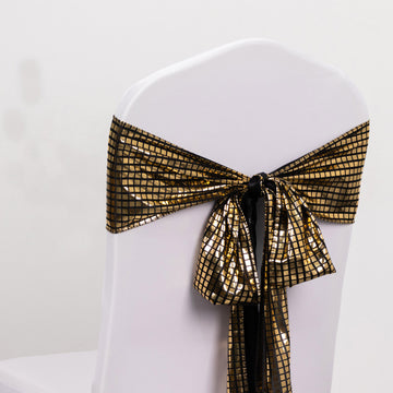 5 Pack Shiny Black Gold Foil Chair Sashes Disco Mirror Ball Theme Polyester Chair Sashes 6"x108"