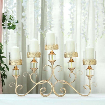 5-Arm Antique Gold Metal Candelabra Crown Top Design 18" - Horizontal Table Centerpiece with Hurricane Glass Votive Candle Holders