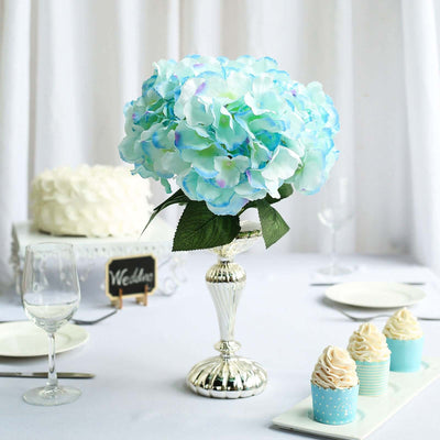 5 Pack Light Blue Artificial Silk Hydrangea Flower Bushes, Full Bloom Faux Floral Plants - 17"