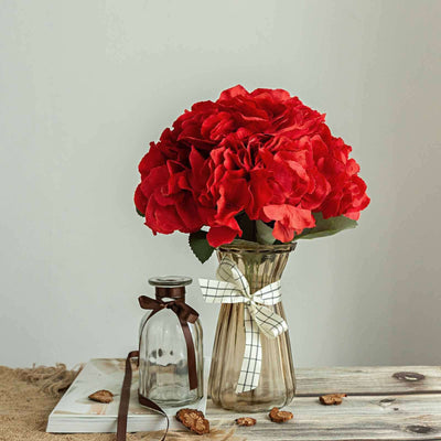 5 Pack Red Artificial Silk Hydrangea Flower Bushes, Full Bloom Faux Floral Plants - 17"