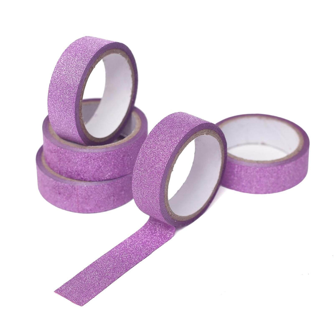 Purple glitter washi tape rolls on a white background.