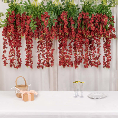 5 Pack Artificial Silk Hanging Wisteria Flower Garland Vines in Burgundy, 3 Strands in 1 Bush - 44"