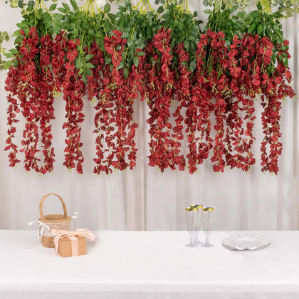 5 Pack Artificial Silk Hanging Wisteria Flower Garland Vines in Burgundy, 3 Strands in 1 Bush - 44"