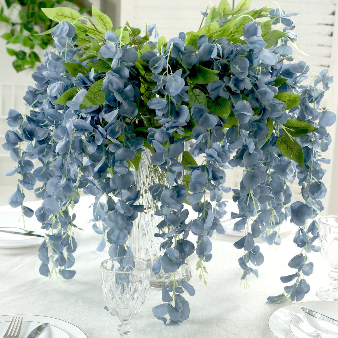 blue flower hanging plant 5 Pack Dusty Blue Artificial Silk Wisteria Flower Vines 44" for Weddings, Events By eFavormart Party Shop