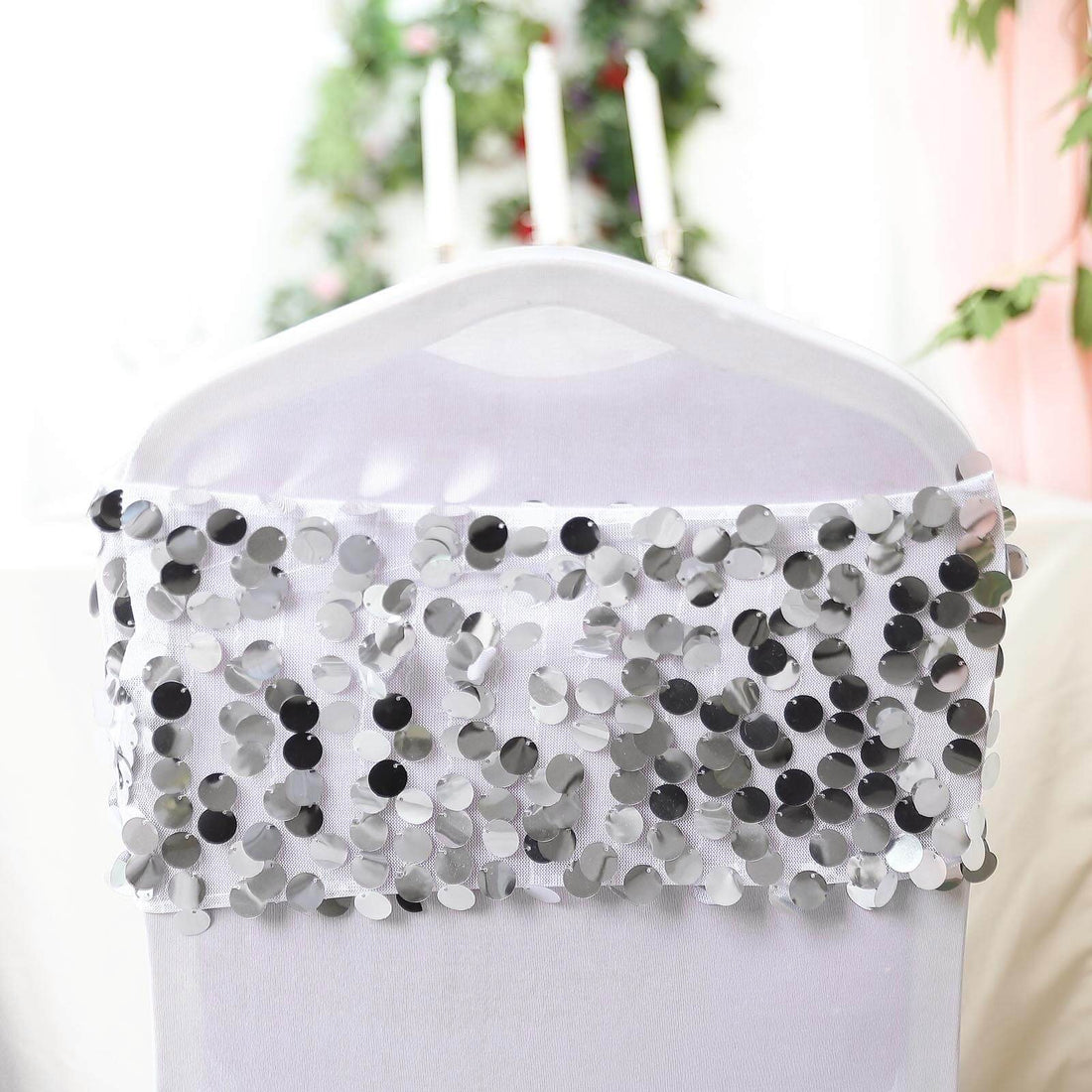Silver and black sequin chair cover decoration for events