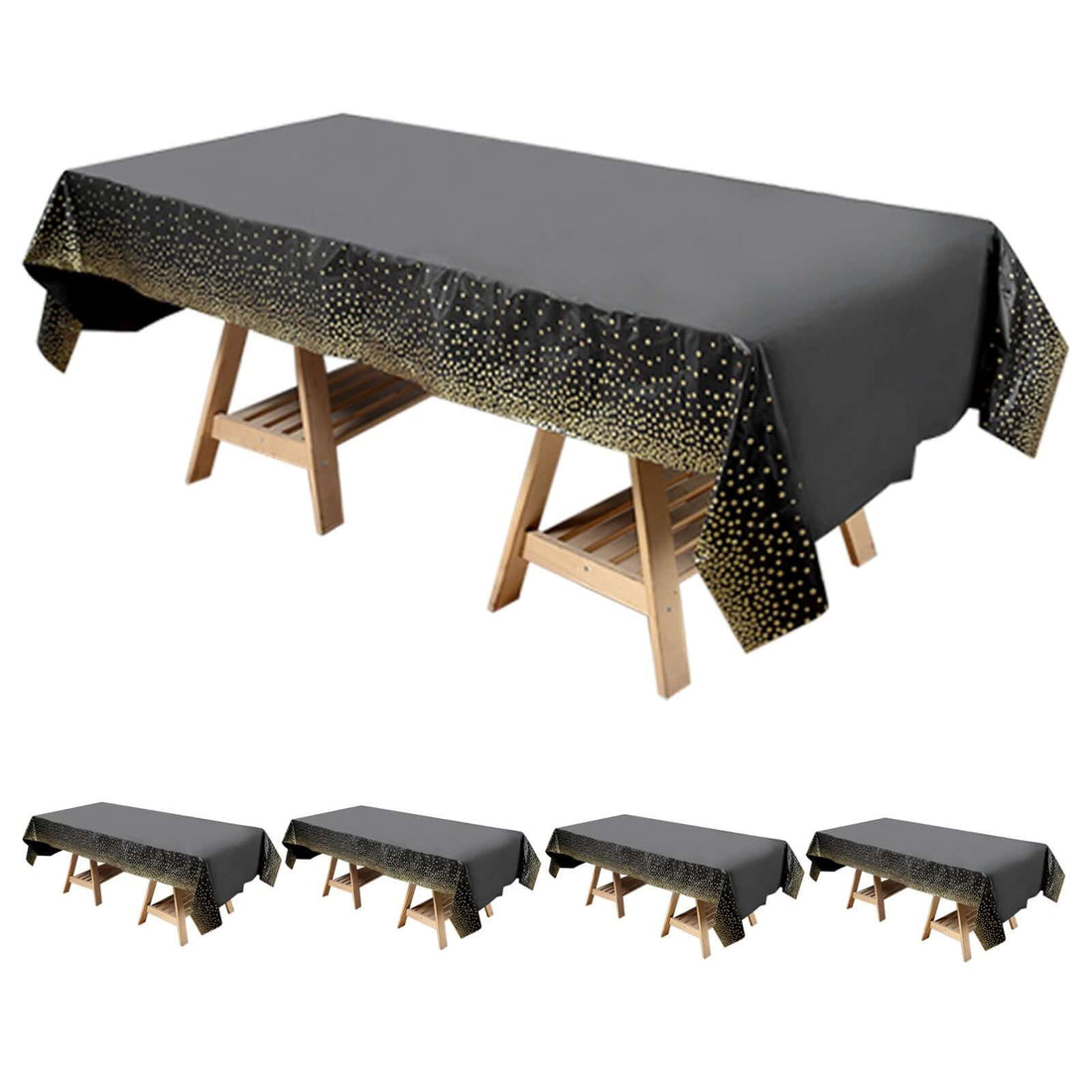 Black tablecloth with gold dot design, perfect for events and gatherings.