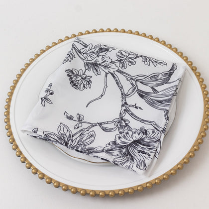 5-Pack French Toile Cloth Napkins – 17"x17" Black and White Reusable Polyester Table Napkins in Floral Design for Events & Dining