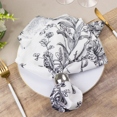 5 Pack Polyester Dinner Napkins 20"x20" White with Black French Toile Pattern - Chic Floral Cloth Napkins