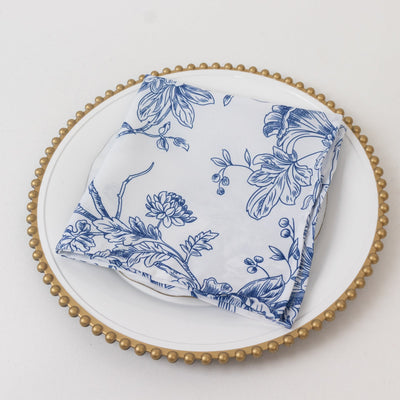 5-Pack French Toile Cloth Napkins – 17"x17" Blue and White Reusable Polyester Table Napkins in Floral Design for Events & Dining