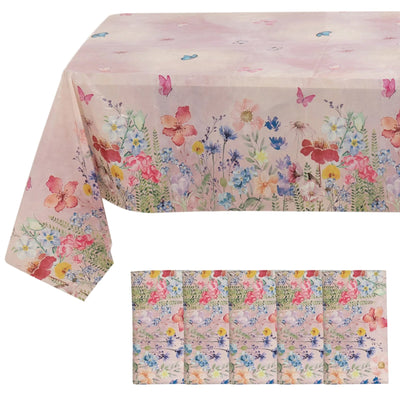 5-Pack Plastic Table Covers 54"x108" Blush Rectangle with Butterfly Floral Print - PVC Waterproof Disposable Covers