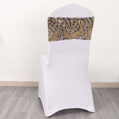 5 Pack Chair Sash Bands Black/Gold Wave with Embroidered Sequins - Glittering Decorative Design
