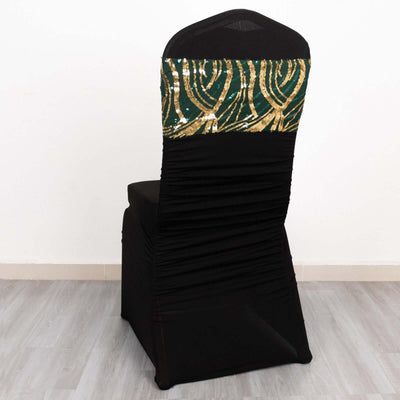 5 Pack Chair Sash Bands Hunter Emerald Green/Gold Wave with Embroidered Sequins - Glittering Decorative Design