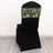 Black chair cover with green and gold sequined design on the back.