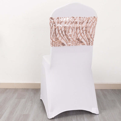 5 Pack Chair Sash Bands Rose Gold Wave with Embroidered Sequins - Glittering Decorative Design