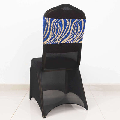 5 Pack Chair Sash Bands Royal Blue/Gold Wave with Embroidered Sequins - Glittering Decorative Design