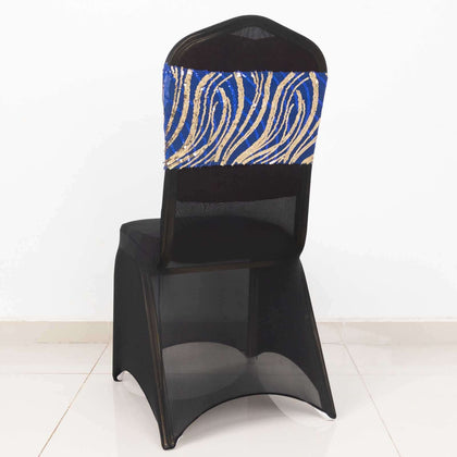5 Pack Chair Sash Bands Royal Blue/Gold Wave with Embroidered Sequins - Glittering Decorative Design