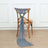 Blue chiffon chair sash with floral accent on a wooden chair.