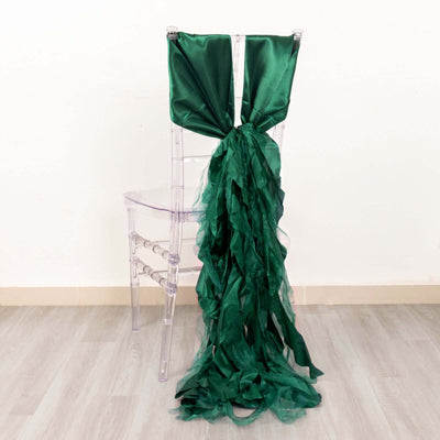 5 Pack Chiffon Satin Chair Sashes Hunter Emerald Green Curly Willow Style - Easy to Use Flowy Chair Bows